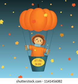 Lets fall in love - card. Scarecrow flying on pumpkin air balloon. Autumn leaves on background. Vector illustration. 