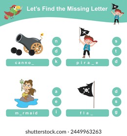 Lets find the missing letter. Missing letters worksheet. Complete the letters in English. Kids educational game. Printable worksheet for preschool. Writing practice. Vector file.