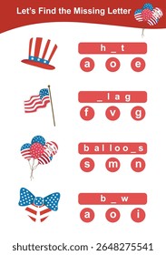 Lets find the missing letter worksheet. Educational activity for children. Learning English. Worksheet for kid.