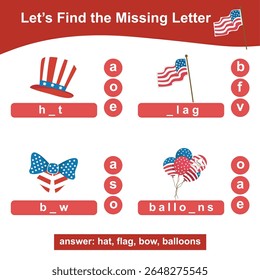 Lets find the missing letter worksheet. Educational activity for children. Learning English. Worksheet for kid.