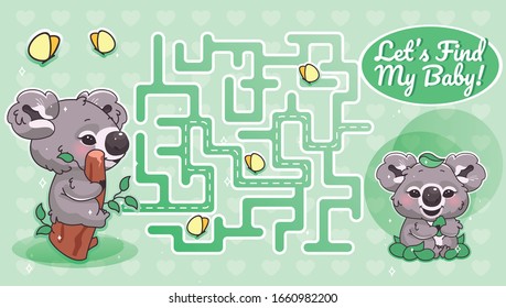 Lets Find My Baby Green Labyrinth With Cartoon Character Template. Australian Animal Find Path Maze With Solution For Educational Kids Game. Koala Looking For Baby Printable Flat Vector Layout