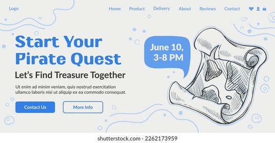 Lets find treasures together on pirate quest. Party for everyone, adventure and trips entertainment. Invitation with date and place. Website landing page, internet site, vector in flat style