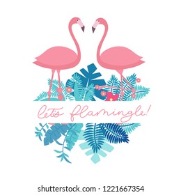 Let's flamingle lettering inscription for party or greeting card. Cute pink flamingo with tropical leaves. Vector cute summer quote,﻿