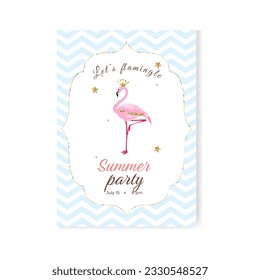 Let's flamingle. Summer party invitation template. A pink flamingo, glitters and stars. Vector illustration