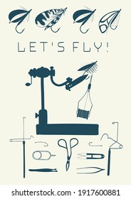 Let's fly! Set of tools for flies. Fly fishing. Hand drawn vector stock illustration. 