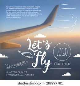 Let's fly. Typographic airline ads poster on blurred background