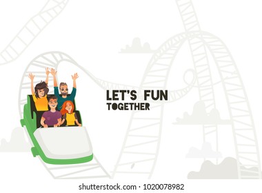 Let`s fun together with friends Business illustration with the company of happy people coming down from the roller coaster. Vector illustration for a website. The original banner for the startup.