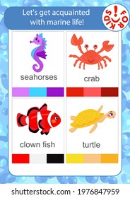 Let's get acquainted with different marine life! Children's vector template for educational books, developing education, on a marine theme.