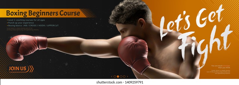 Let's get fight boxing course banner ads with 3d illustration handsome boxer