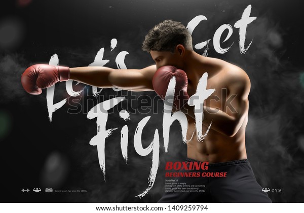 Let's get fight boxing course ads with 3d illustration handsome boxer. Gym wallpaper mural. 