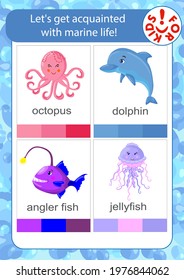 Let's get to know the marine life! Children's vector template for educational books, developing education, on a marine theme.
