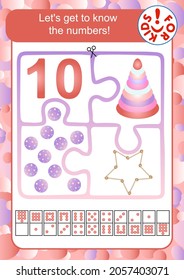 Let's get to know the numbers! Learning to count to 10. Math puzzle. Studying mathematics