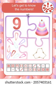 Let's get to know the numbers! Learning to count to 9. Math puzzle. Studying mathematics