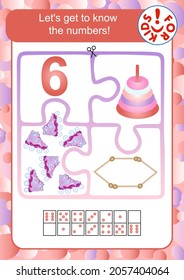 Let's get to know the numbers! Learning to count to 6. Math puzzle. Studying mathematics