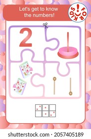 Let's get to know the numbers! Learning to count to 2. Math puzzle. Studying mathematics