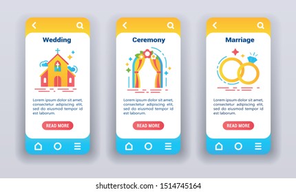 Let's get married on mobile app onboarding screens. Flat icons, wedding, ceremony, marriage. Banners for website and mobile kit development. UI/UX/GUI template.