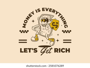 Let's get rich. Money mascot character holding a money bag, vintage retro illustration design bright background