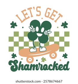 Let's Get Shamrocked Saint Patrick's Day Illustration with Animated Shamrock Riding Skateboard, Flashing Peace Signs