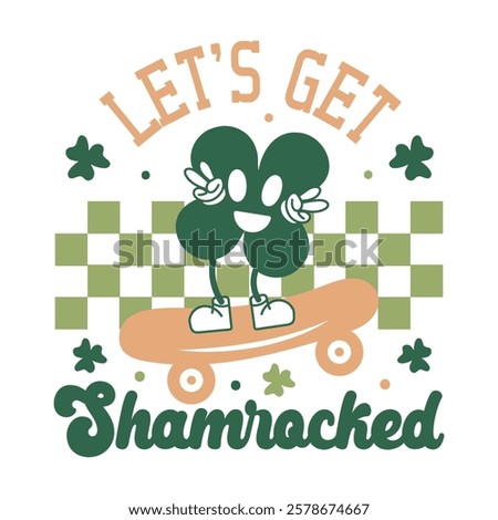 Let's Get Shamrocked Saint Patrick's Day Illustration with Animated Shamrock Riding Skateboard, Flashing Peace Signs