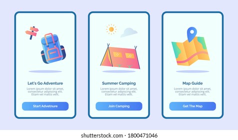 Let's go adventure summer camping map guide for mobile apps template banner page UI with three variations modern flat color style.