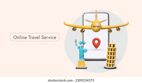 Lets go for adventures. Search for most interesting tours, selection of low cost routes. Advertising travel website. 3D smartphone from which plane takes off, Statue of Liberty, Leaning Tower of Pisa