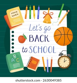 Vamos voltar para a escola, Card. Folha de notebook, despertador, livros, livros didáticos, lápis, bola. Material escolar, fundo verde.