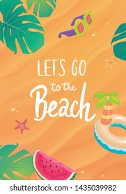 Let's go to the beach slogan. Summer sale banner with colorful beach elements and beach sand background. Vector illustration