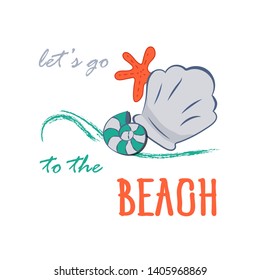 Let's go To the beach. Starfish and seashells on the waves with text isolated on white background. Cute Colorful cartoon vector illustration