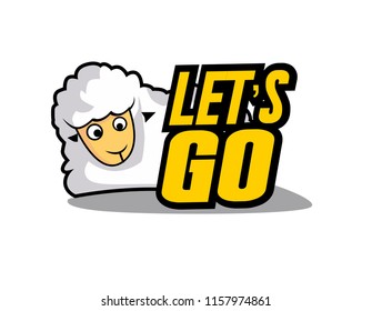 let's go, beautiful greeting card or label with sheep illustratition for farm theme, vector background, poster or banner