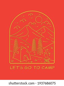 let's go to camp  in mono line art vector, badge illustration, tee design, T-Shirt Design 