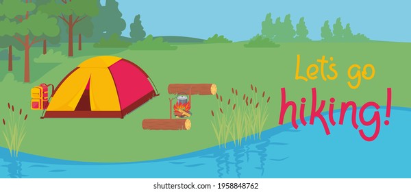 Let's go camping. Baner with a landscape, a scarf, a backpack and a bonfire. Lettering. Vector illustration, concept, flyer, poster, background, invitation, coupon