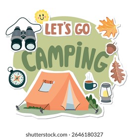 Vamos acampar elementos de colagem conjunto com tenda, binóculos, bússola, caneca com bebida quente, carvalho e folhas de bordo, bolota, sorriso. Viaje objetos de desenho animado com formas de corte de papel. Designs vetoriais para banner.