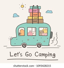 Let's Go Camping Concept. Hand Drawn Cute Animal On Van Vector Illustration.