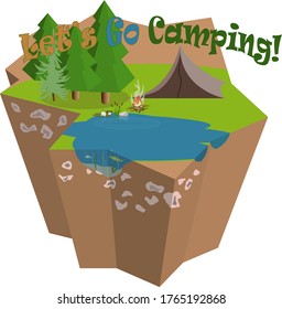 Lets go camping and fishing vector illustration. 3D isometric island. Composition of summer forest place and tent close to attractive lake with fish inside, beatifull water lily and bush of reeds.
