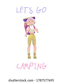 Let's go camping. Girl with a backpack vector illustration . Isolated on a white background.