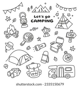 Vamos Camping. Viaje de picnic de vacaciones. Juego de aparejos de acampada. Conjunto de vector de kit de camping. Ilustración vectorial de estilo de doodle con contorno de dibujos animados planos.