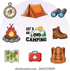 Let`s Go Camping Icon Element Collection with Backpack, First Aid Kit, Map, Boot, Campfire, Binoculars, Tent and Compass. Outdoor Adventure Essentials Clipart