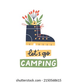 Let's go camping phrase with design elements for invitation or poster. 