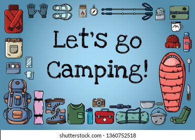 Let's go camping poster. Set of flat style icons arranged on a banner. Hiking motivation