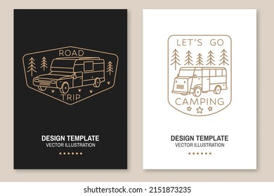 Lets go camping. Summer camp. Vector illustration. Concept for shirt or logo, print, stamp or tee. Line art flyer, brochure, banner, poster design with RV Motorhome and forest. Camping quote.