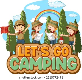 Lets go camping text with kids illustration