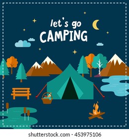 Let's go camping. Travel illustration in flat style. Summer night in the mountains, picnic in forest place. Landscape with tent, bonfire, river, trees.