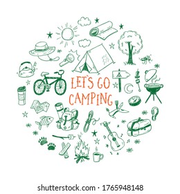 Lets go camping vector illustration with hand drawn camp doodles. Touristic equipment, live on nature concept.