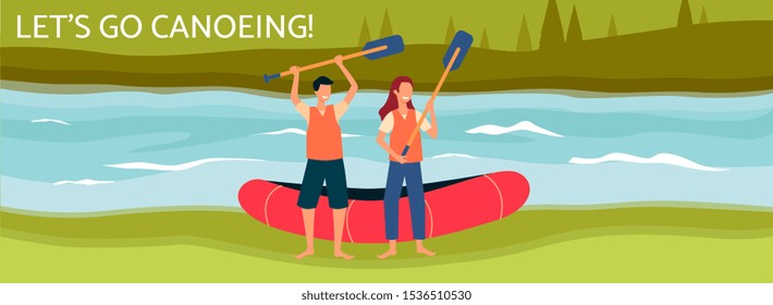 Lets go canoeing banner or poster template with people cartoon characters holding paddles flat vector illustration. Rafting on boats and tourists water activity background.