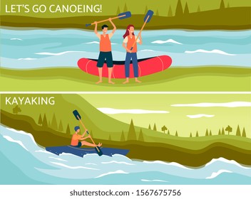 Let's go canoeing and kayaking - flat poster set with cartoon people doing extreme sport activity on river. Cartoon couple and man with canoe and kayak boat - vector illustration