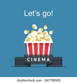 Let's go to the cinema! Popcorn box and film strip. Cinema Poster Design Template.