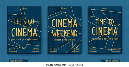 Let's go to the cinema. Ready billboard for the movie theater. Vector linear drawing. Trendy polygonal graphics in comic storyboard style.