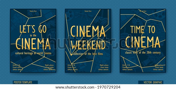 Let\'s go to the cinema. Ready billboard for the\
movie theater. Vector linear drawing. Trendy polygonal graphics in\
comic storyboard style.