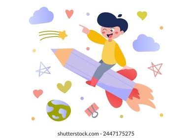 Let's go concept with people scene in flat cartoon design. In this illustration, a cheerful boy is flying on a rocket and ready to learn. Vector illustration.