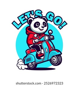 Vamos! Panda bonito no Scooter: Divertida Ilustração Retro